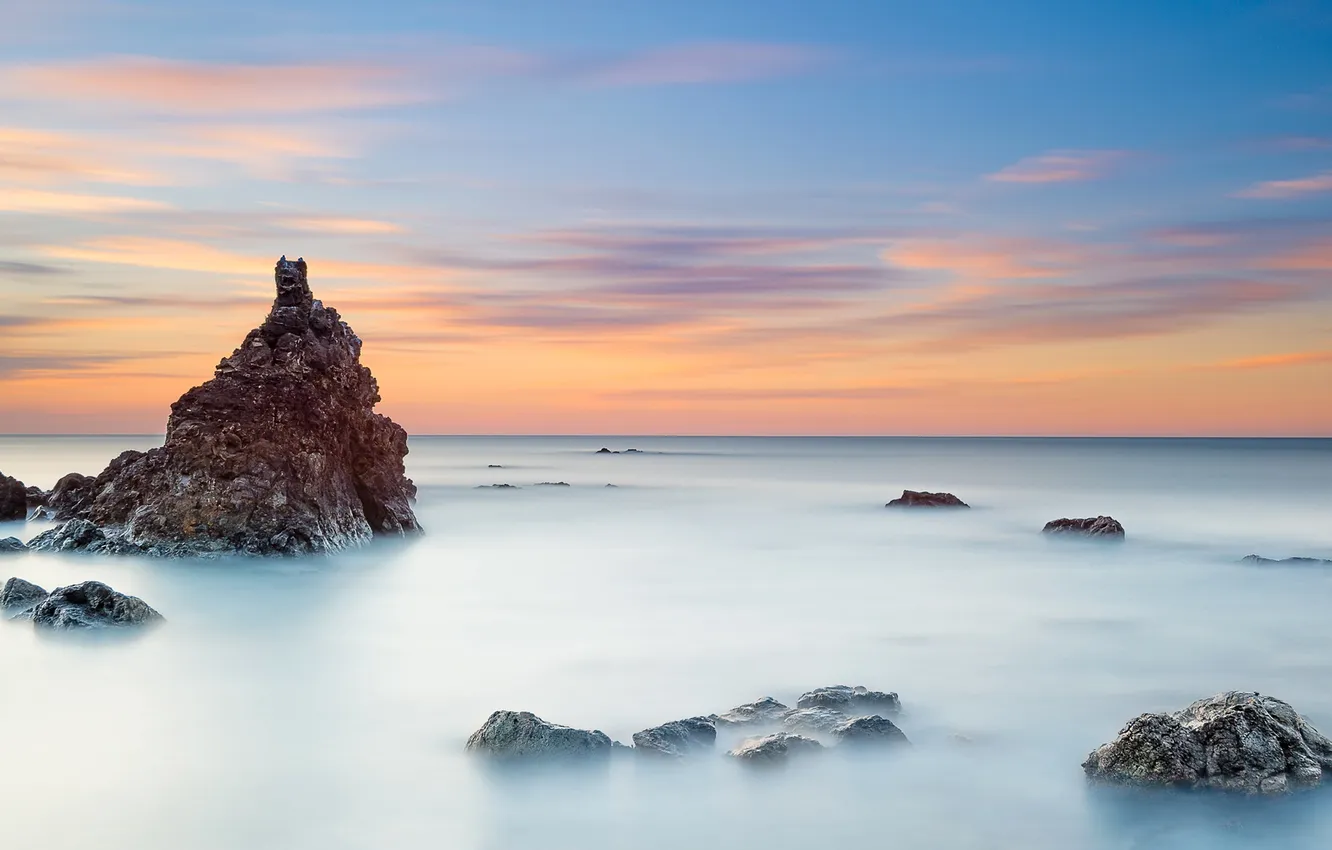 Photo wallpaper sea, the sky, clouds, stones, rocks, tide