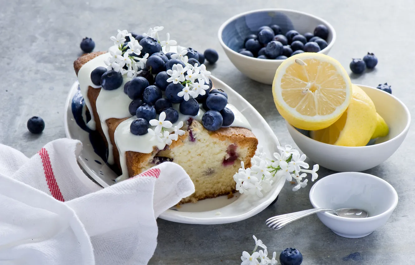 Photo wallpaper photo, lemon, food, blueberries, plate, cakes