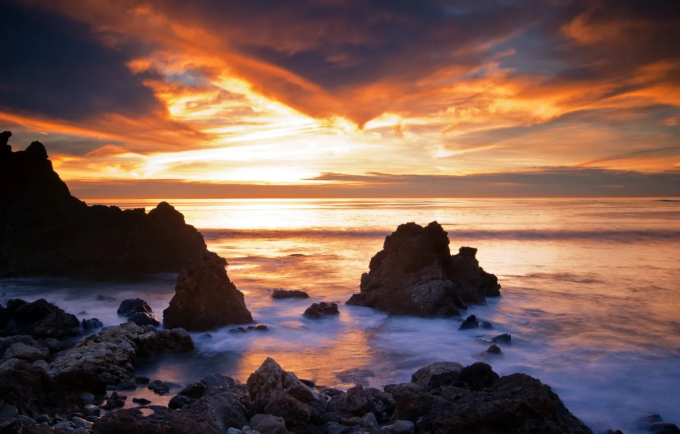 Photo wallpaper sea, the sky, landscape, sunset, nature, rocks