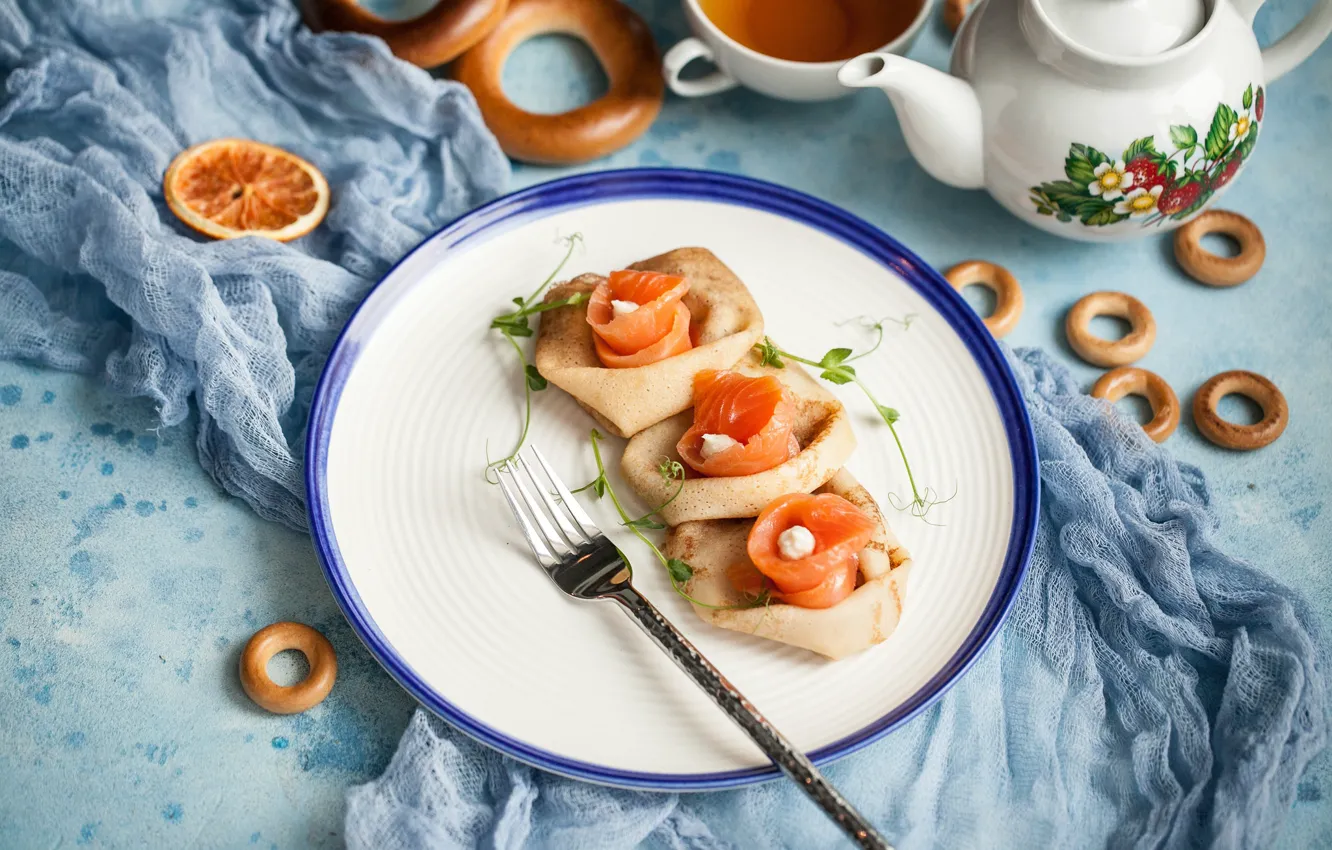 Photo wallpaper tea, fish, bagels, pancakes
