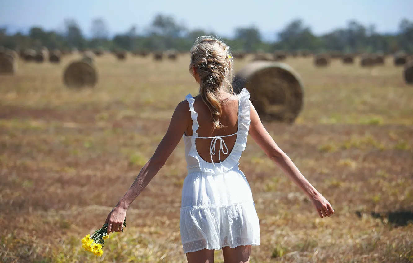 Photo wallpaper field, girl, straw, a bunch, bokeh, dress