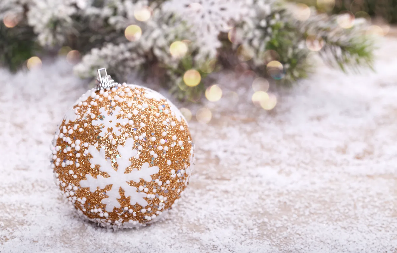Photo wallpaper snow, tree, ball, New Year, Christmas, golden, Christmas, snow