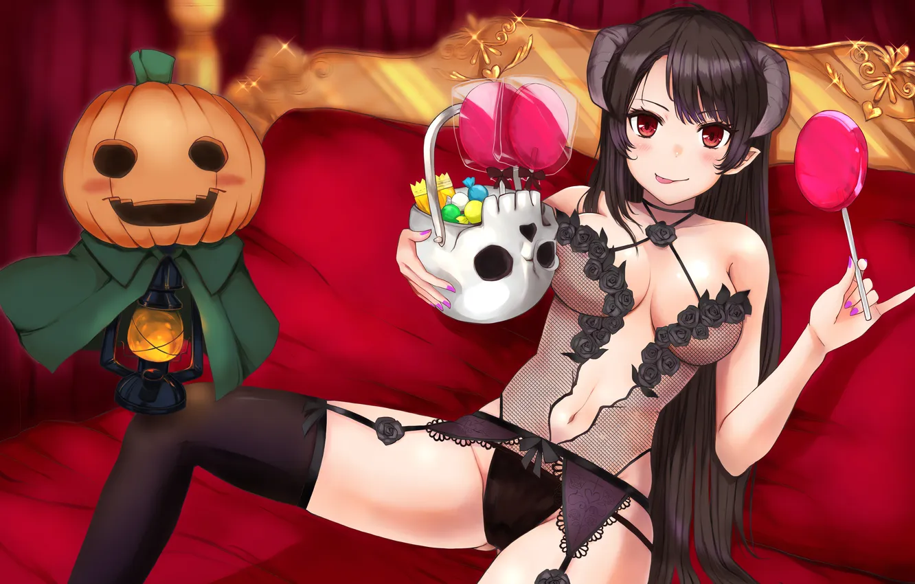 Photo wallpaper Halloween, sake, girl, sexy, lingerie, cleavage, panties, thighhighs