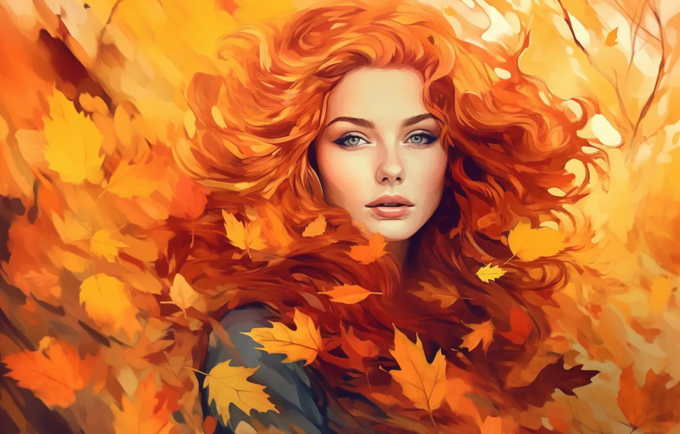 Wallpaper autumn, look, leaves, girl, nature, face, the wind, foliage ...