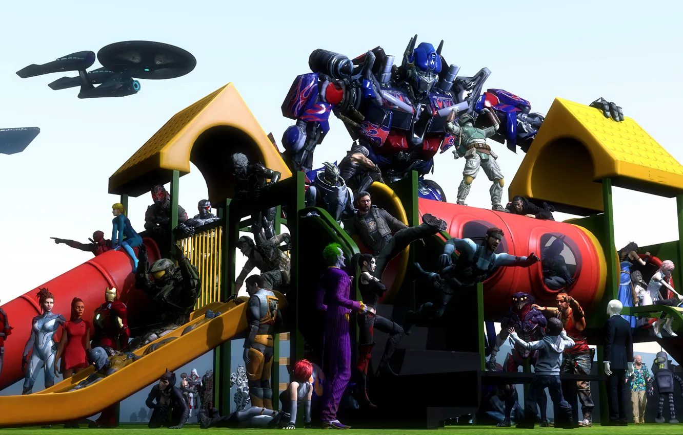 Photo wallpaper Batman, Lightning, shepard, Solid Snake, Iron Man, Deadpool, Joker, Optimus Prime