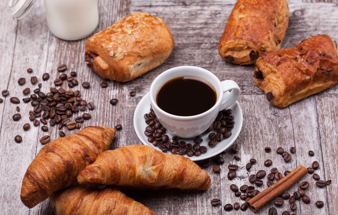Photo wallpaper coffee, Cup, croissant