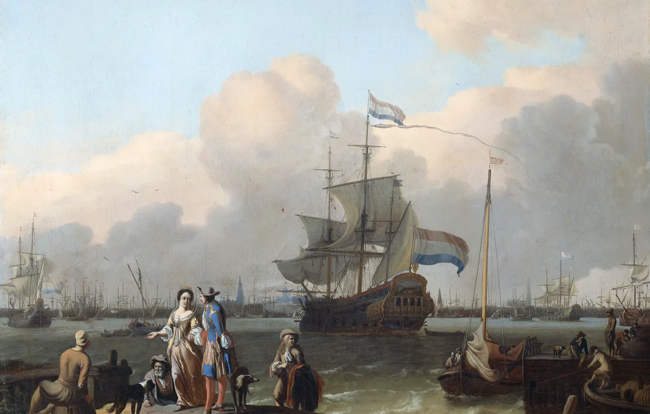 Photo wallpaper sea, landscape, people, picture, Ludolf Bakhuizen, The frigate De Ploeg in Amsterdam