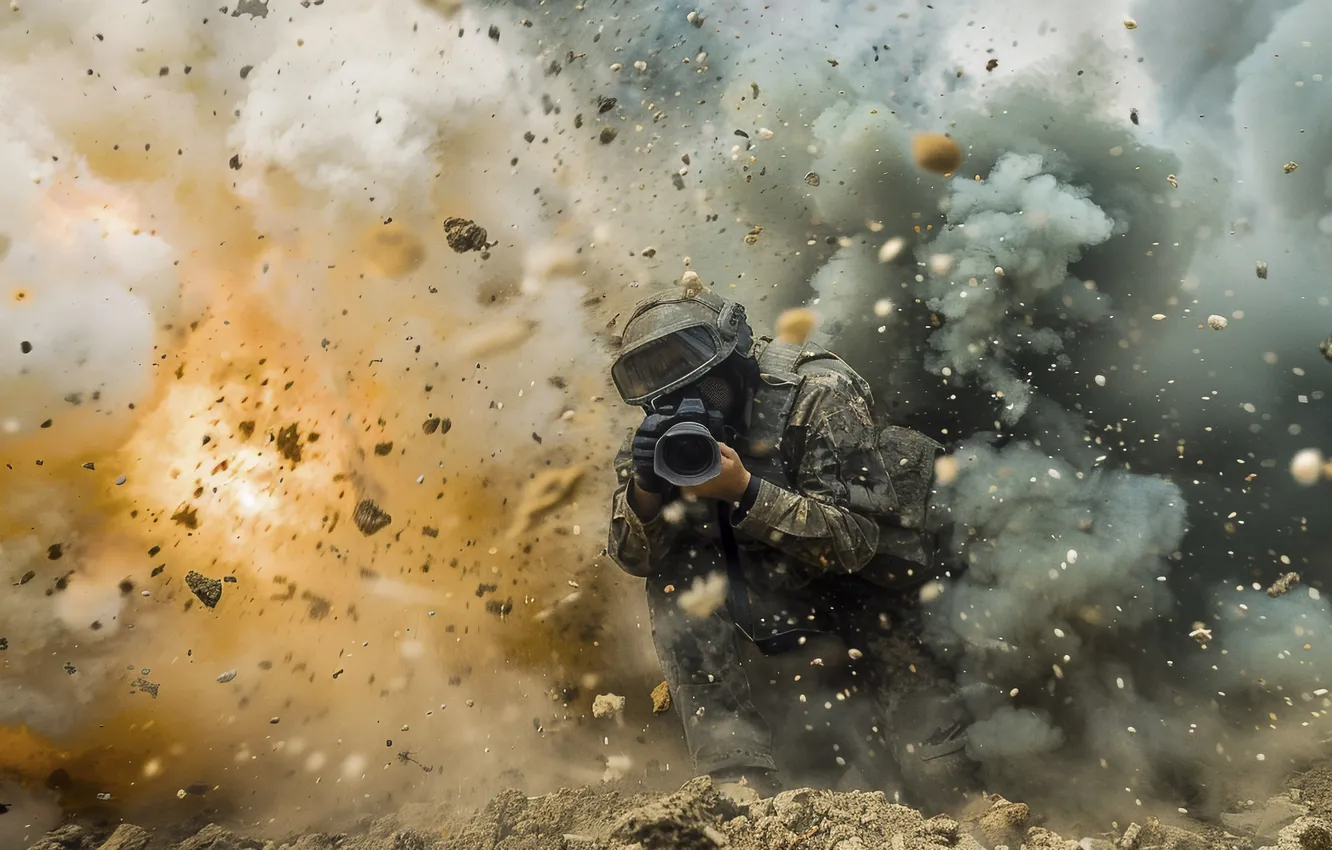 Photo wallpaper the explosion, smoke, the camera, male, digital art, AI art, The Art of Artificial Intelligence, …