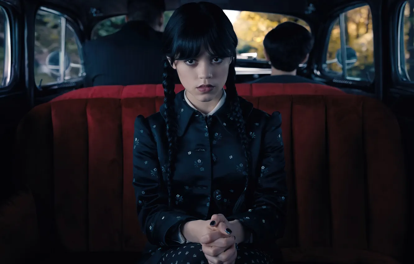 Photo wallpaper pose, makeup, the series, car, in the car, Wednesday, Jenna Ortega, Jenna Ortega