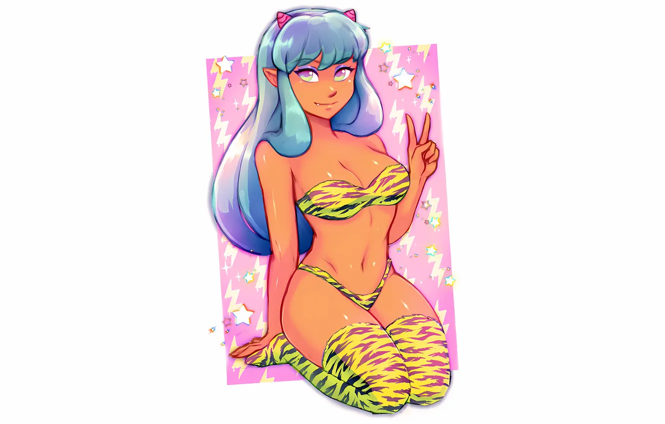 Photo wallpaper girl, sexy, cleavage, thighhighs, horns, green eyes, long hair, legs