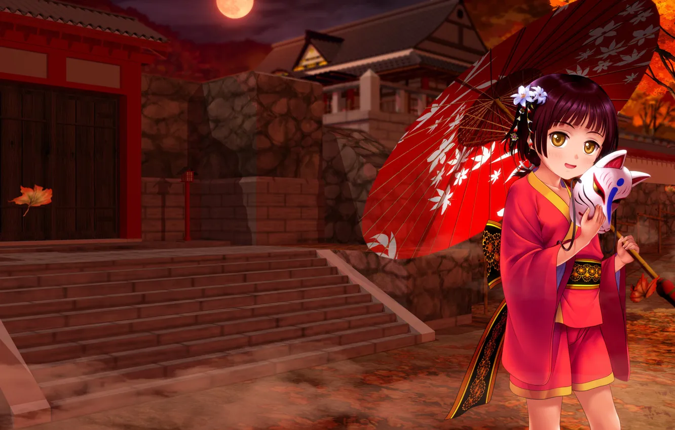 Photo wallpaper autumn, leaves, yellow, home, umbrella, mask, art, girl