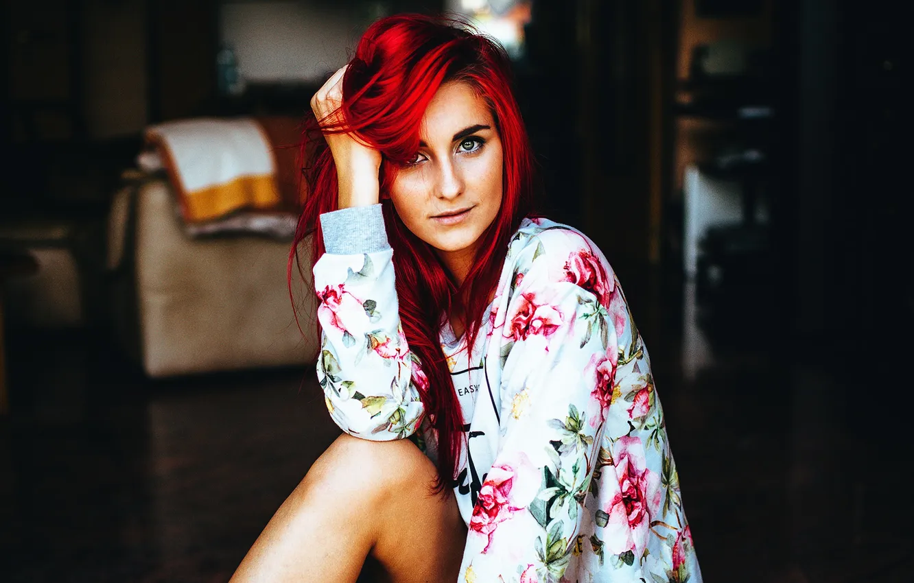 Photo wallpaper girl, feet, hair, home, lips, living room, direct look