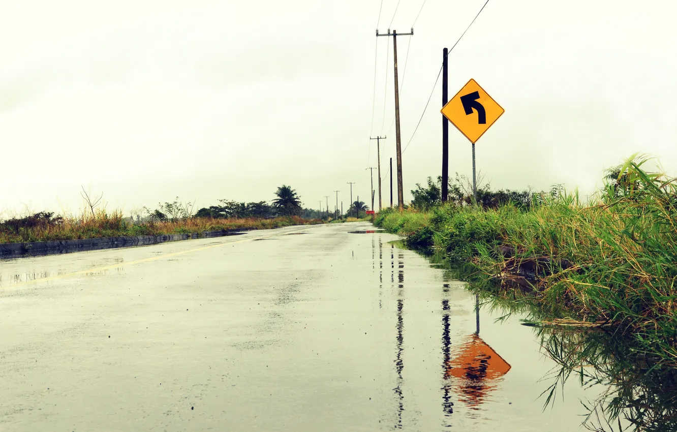 Photo wallpaper road, Board, mirror, the bushes, power line, gray clouds