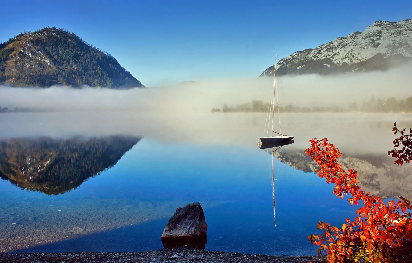 Photo wallpaper autumn, the sky, leaves, mountains, branches, fog, lake, stones