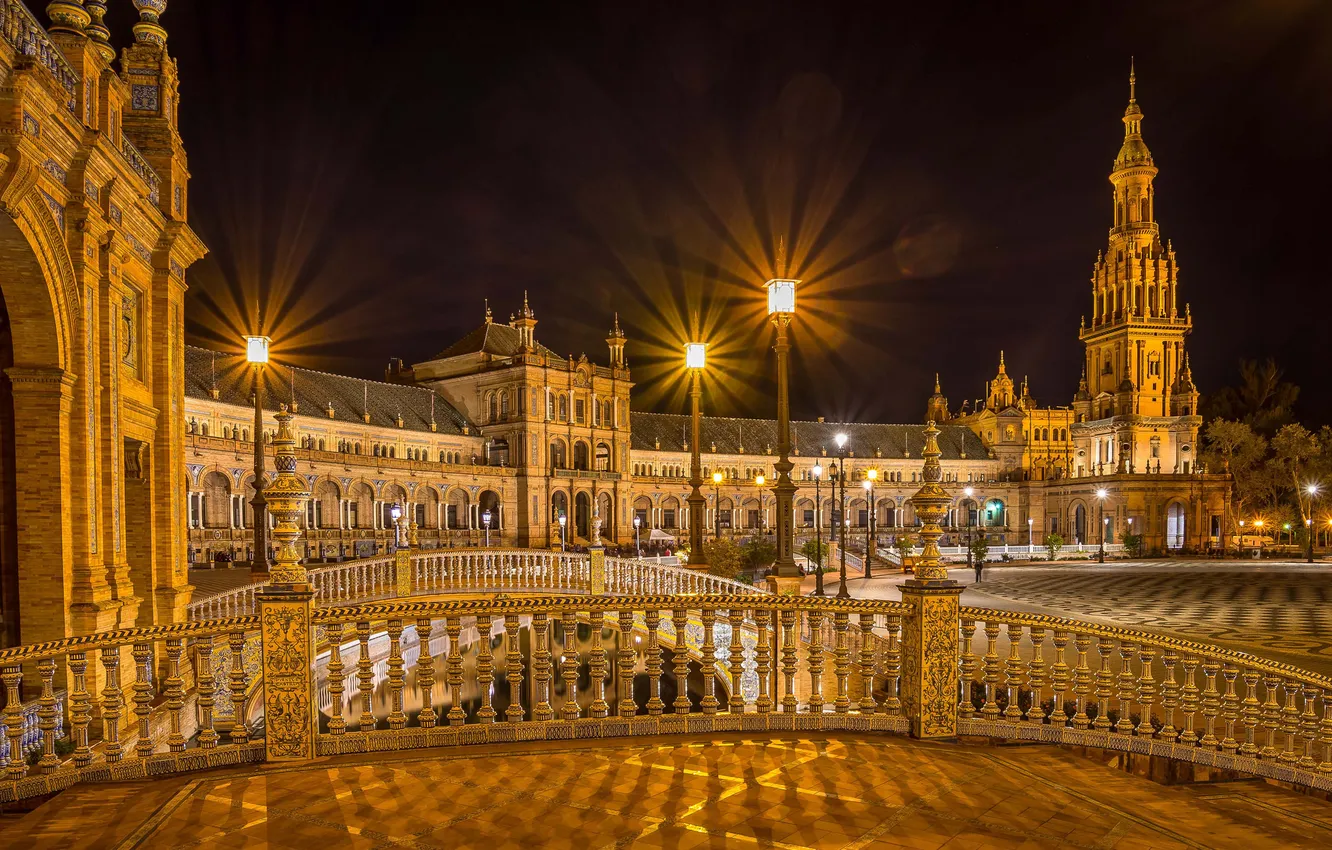 Photo wallpaper night, bridge, lights, channel, Spain, Palace, Seville, Espana