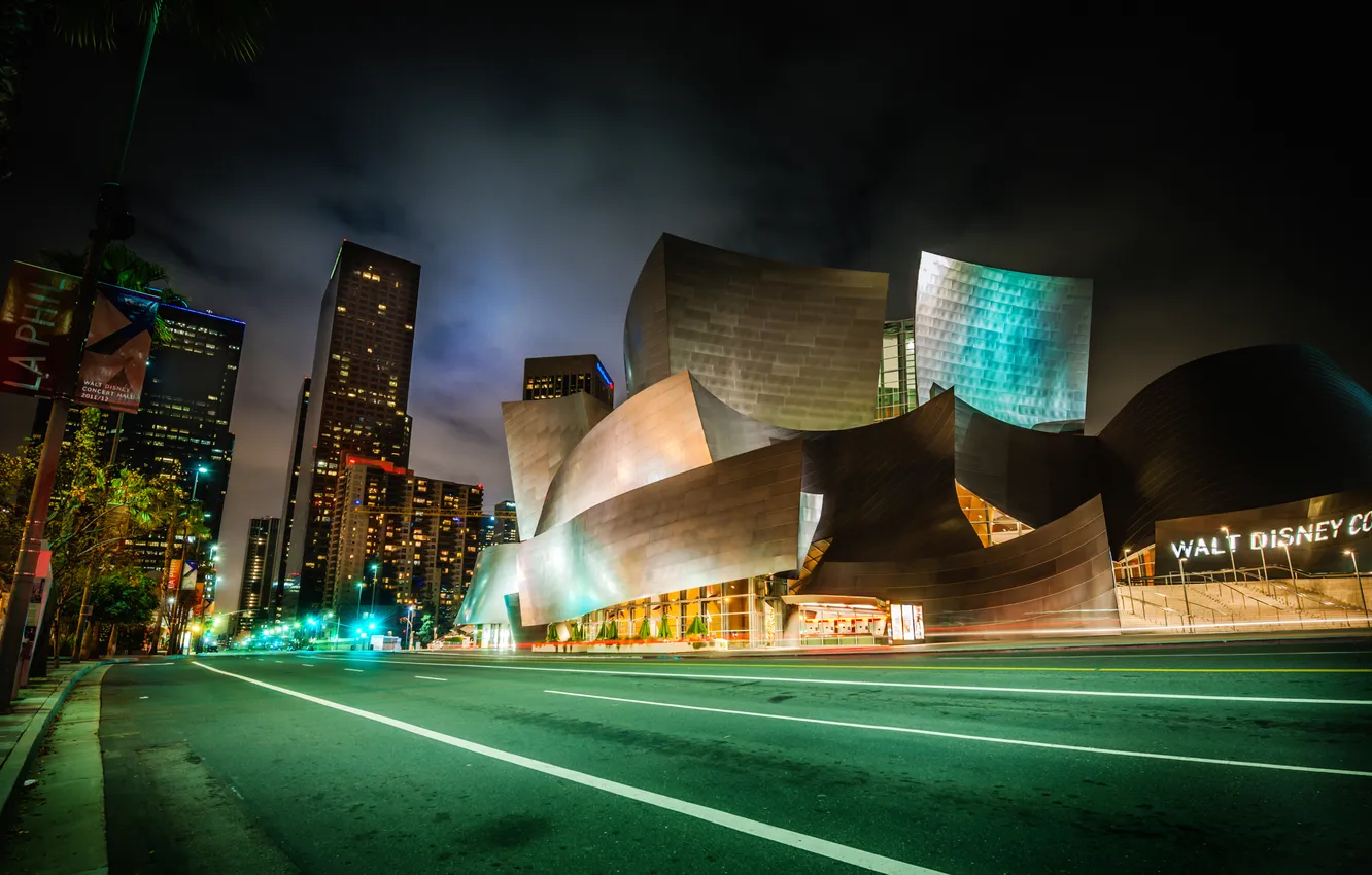 Photo wallpaper night, lights, street, home, USA, Los Angeles, Walt Disney Concert Hall