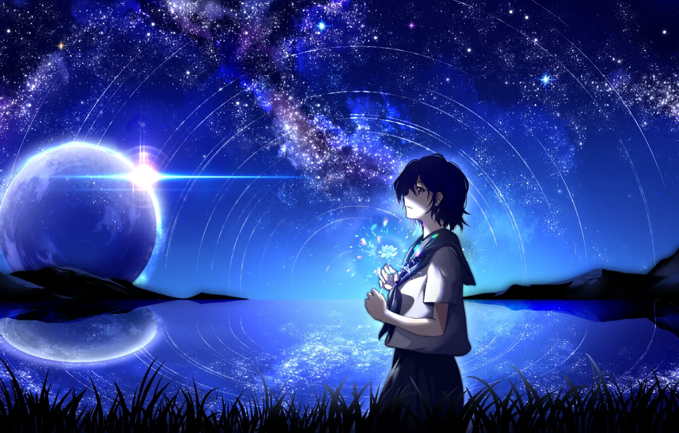 Photo wallpaper flower, the sky, water, girl, night, planet, fantasy, by 17