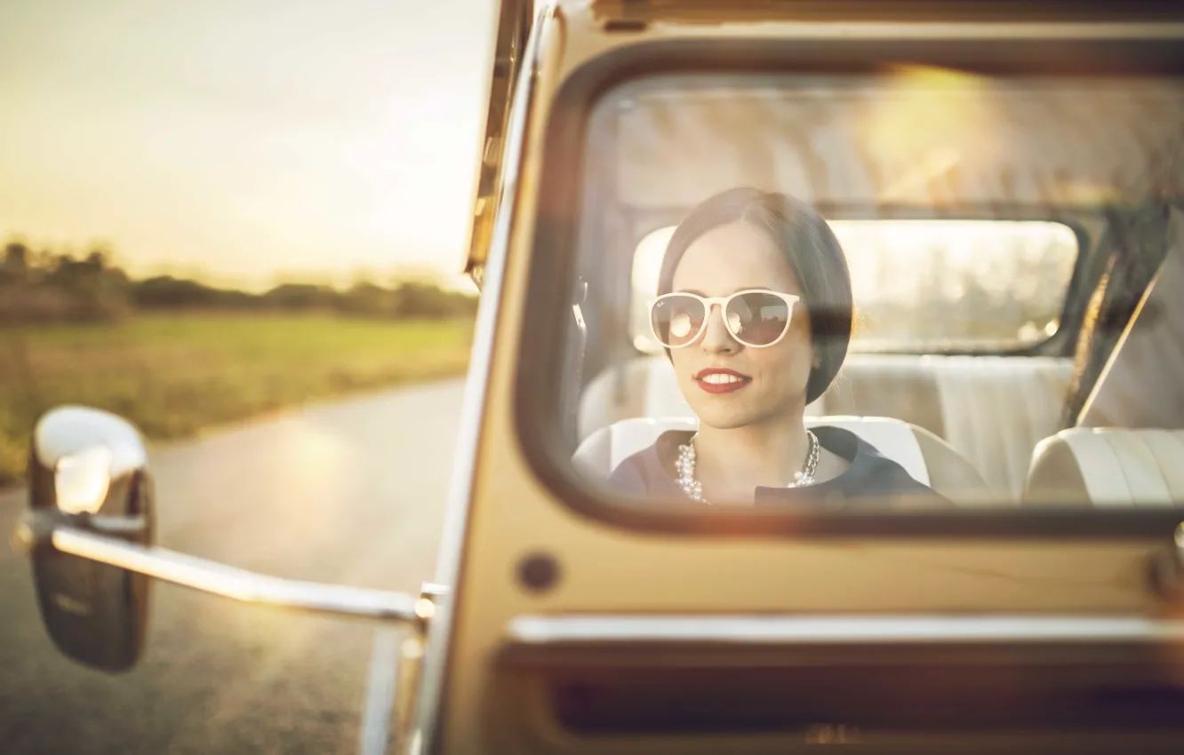 Photo wallpaper road, glass, girl, the sun, Citroen, 2CV, rear