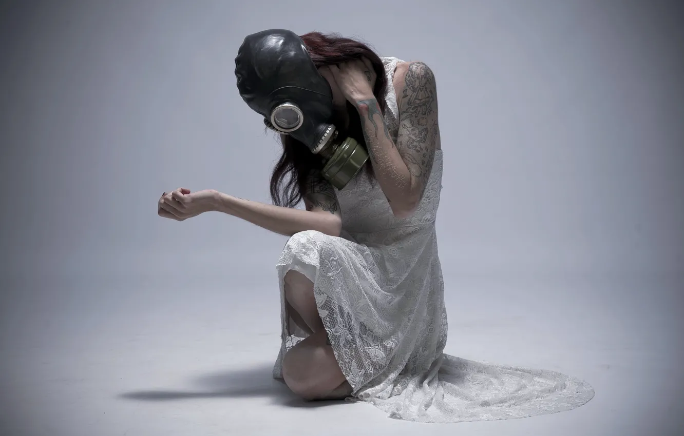Photo wallpaper girl, pose, gas mask