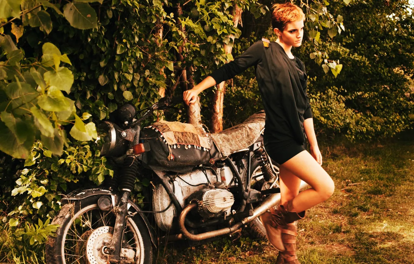 Photo wallpaper foliage, actress, motorcycle, Emma Watson