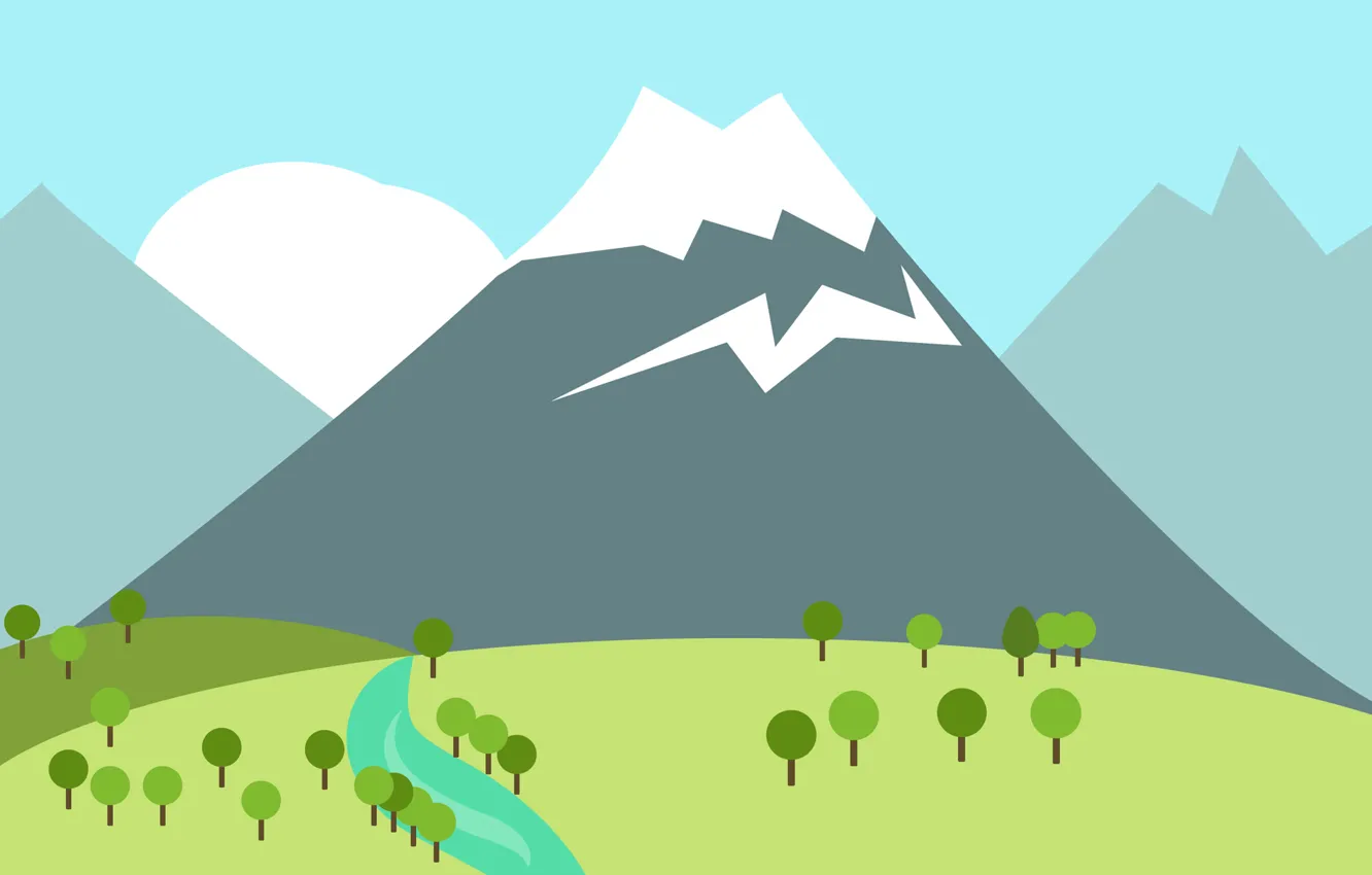 Photo wallpaper grass, snow, trees, landscape, mountains, nature, hills, vector