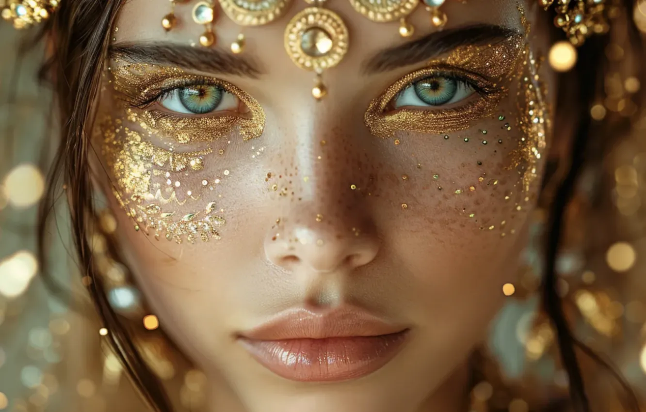 Photo wallpaper eyes, look, girl, decoration, face, portrait, makeup, sequins
