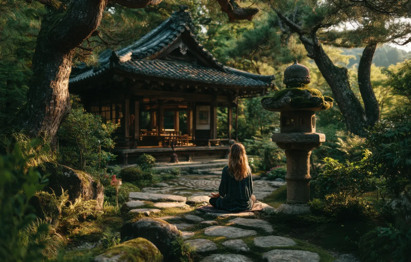Photo wallpaper greens, forest, girl, light, landscape, Park, stones, posts