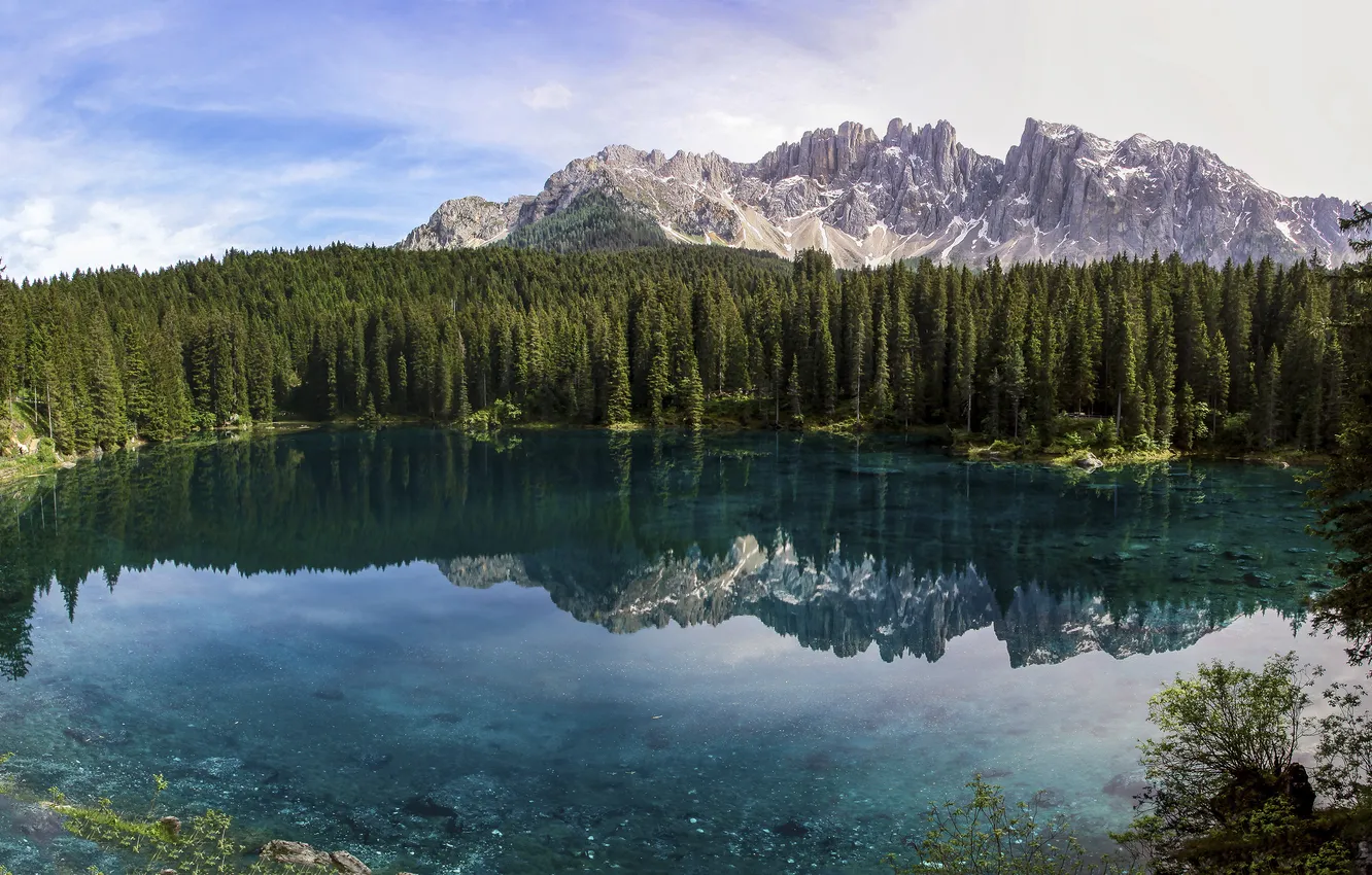 Photo wallpaper forest, mountains, lake, reflection