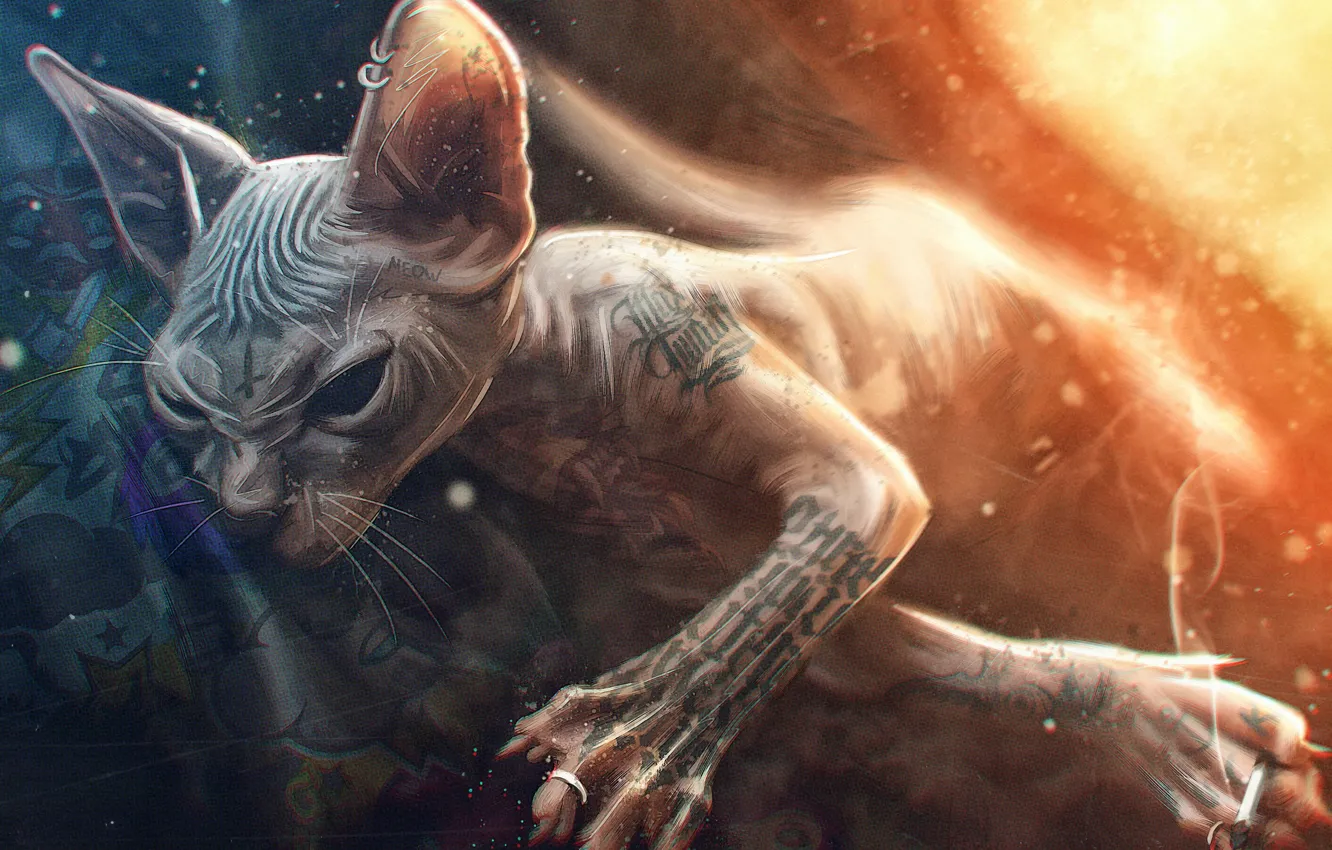 Photo wallpaper cat, cat, figure, photoshop, styling, cigarette, breed, Sphinx