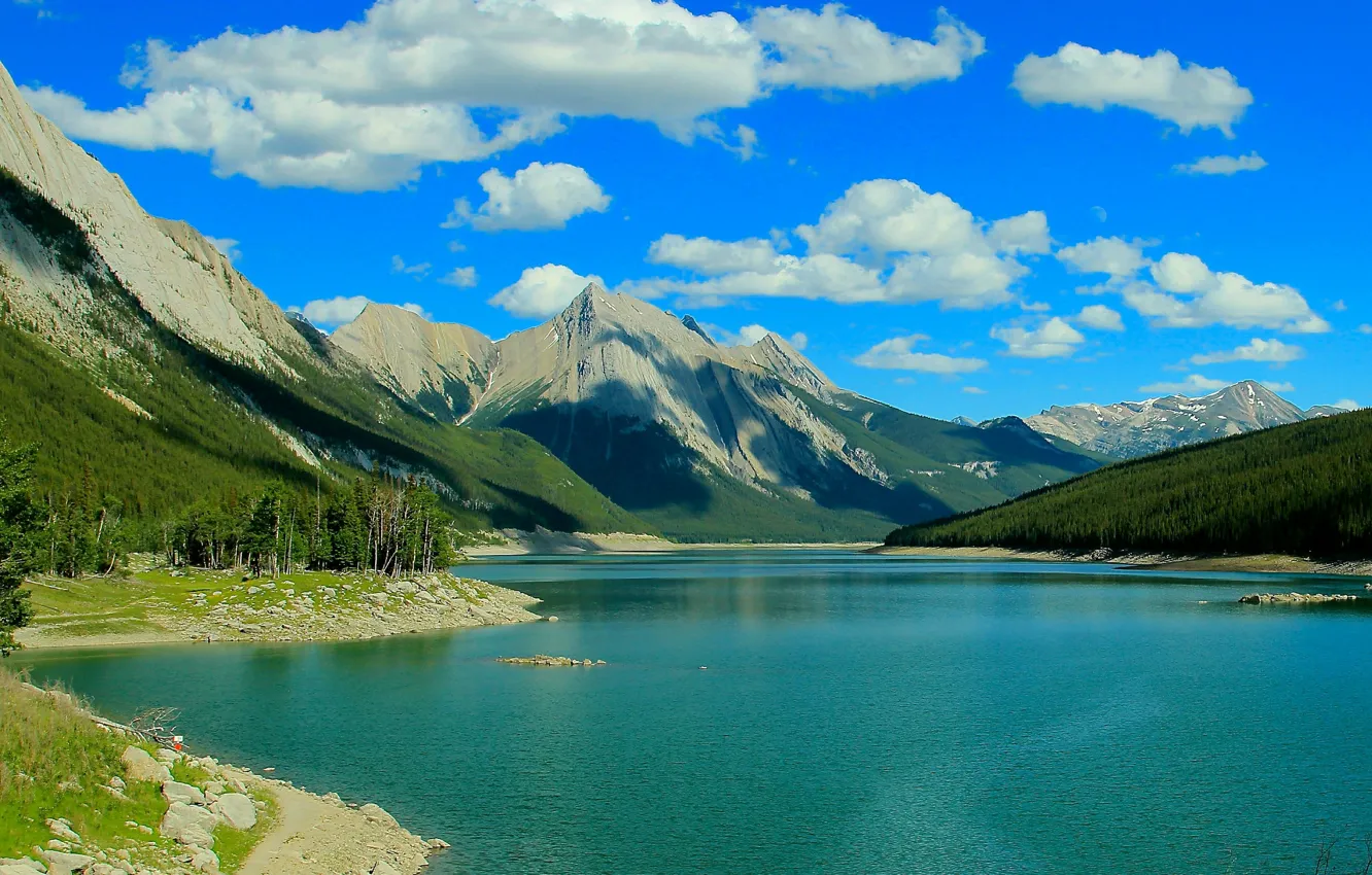 Photo wallpaper forest, clouds, trees, mountains, lake, Canada, Albert, Medicine Lake