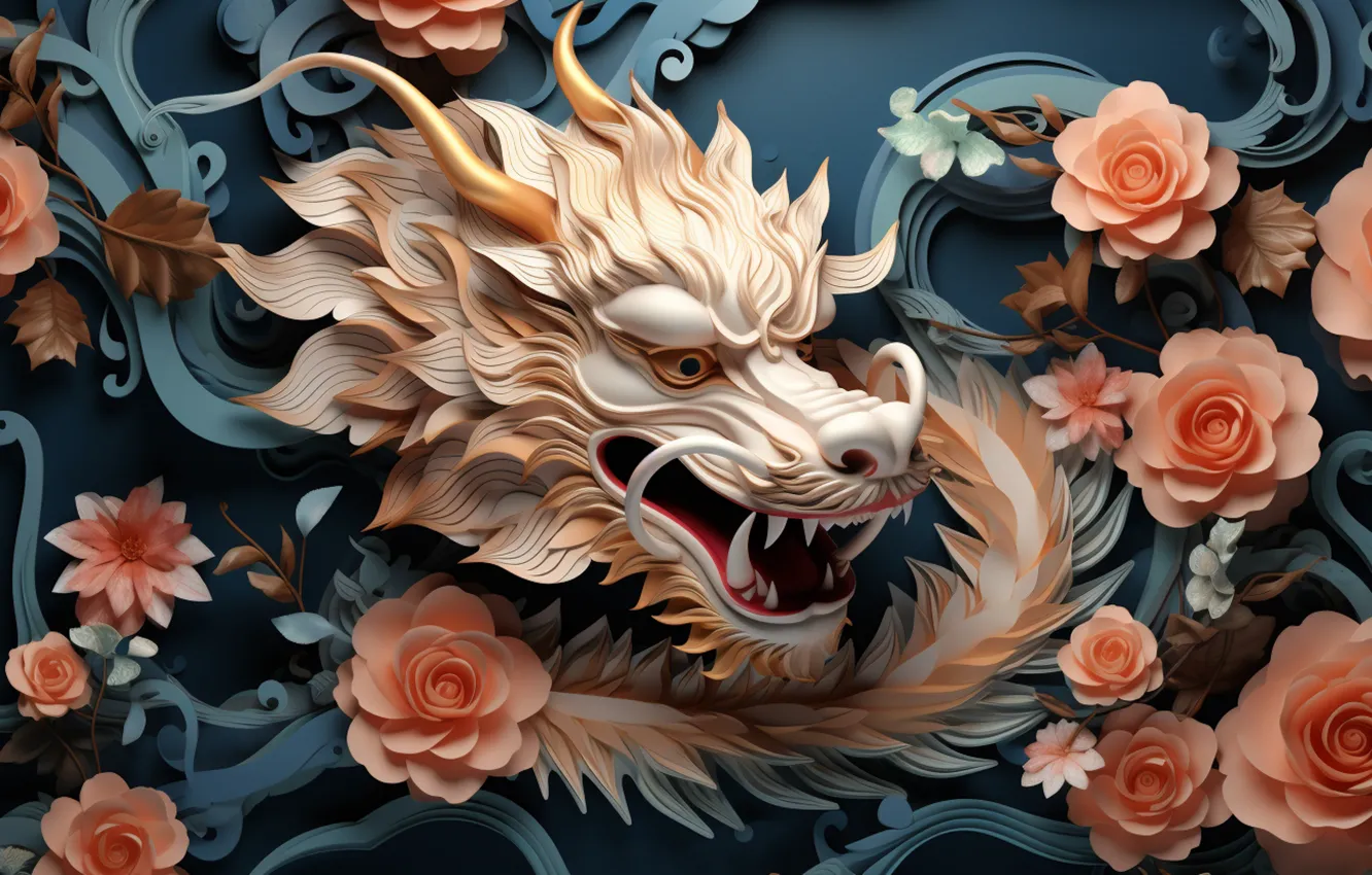 Photo wallpaper white, look, face, flowers, orange, dragon, new year, Christmas