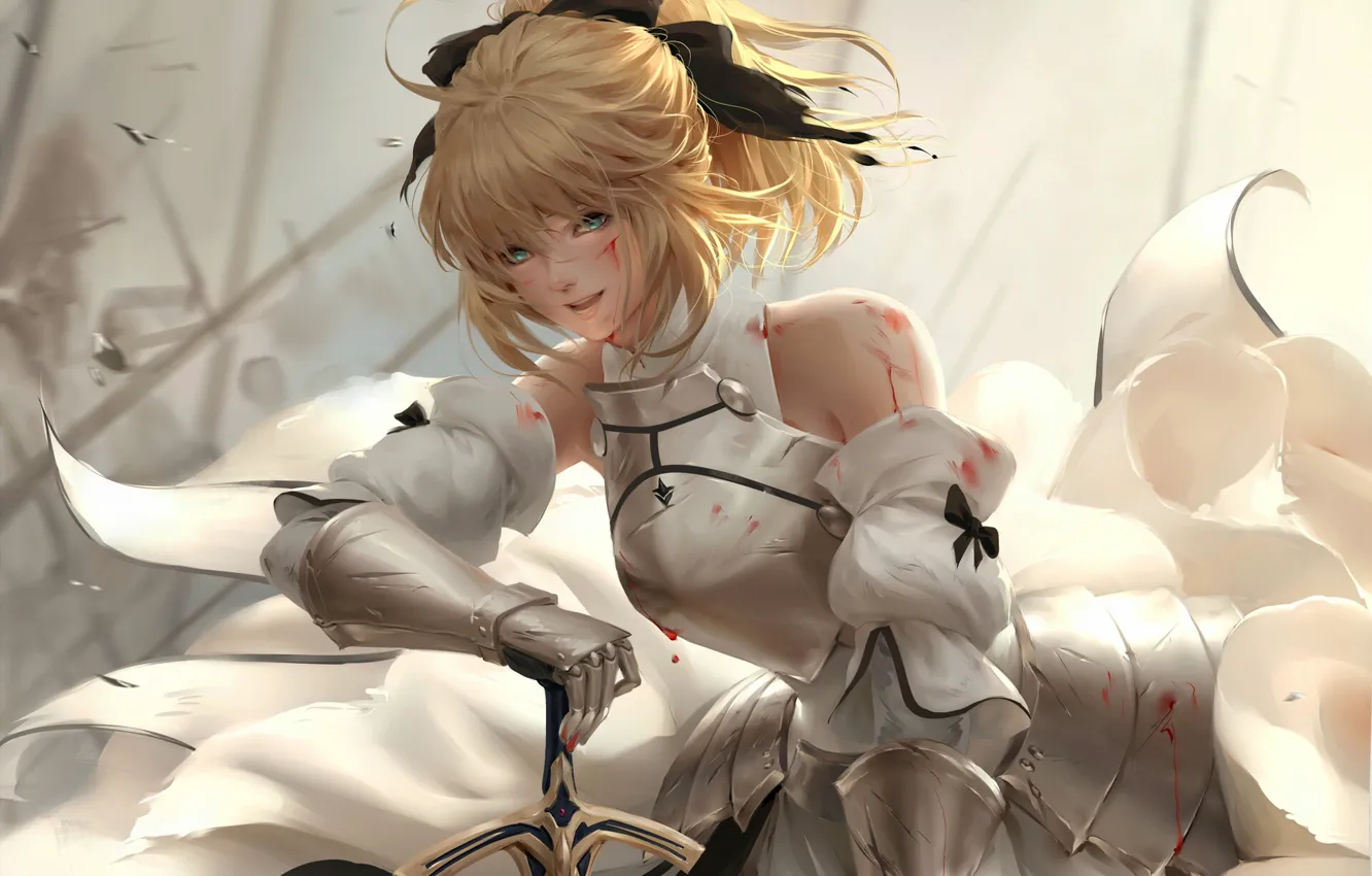 Photo wallpaper Girl, Blonde, Illustration, Face, Battle, Characters, Armor, Saber Lily