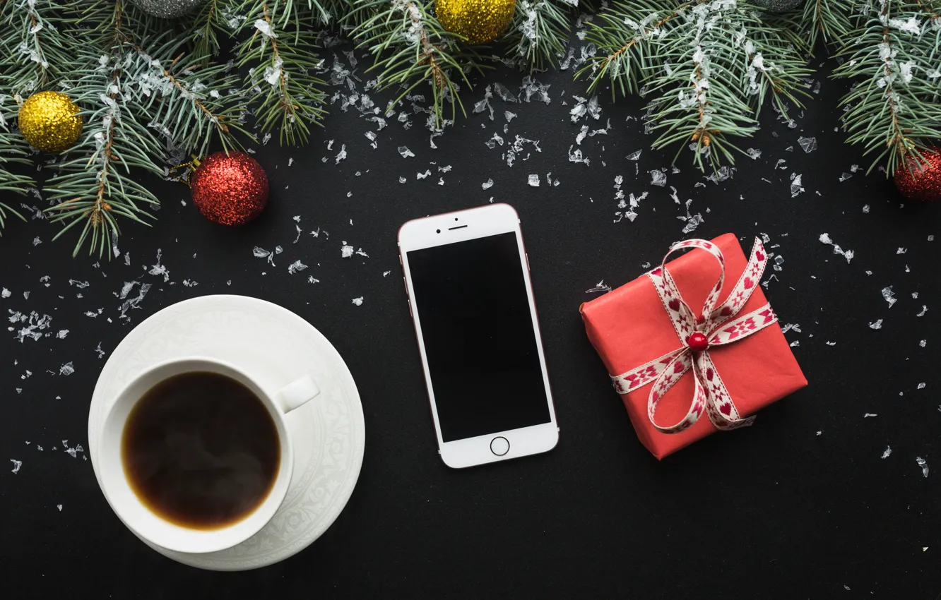 Photo wallpaper gift, balls, tree, new year, Christmas, Christmas, balls, cup