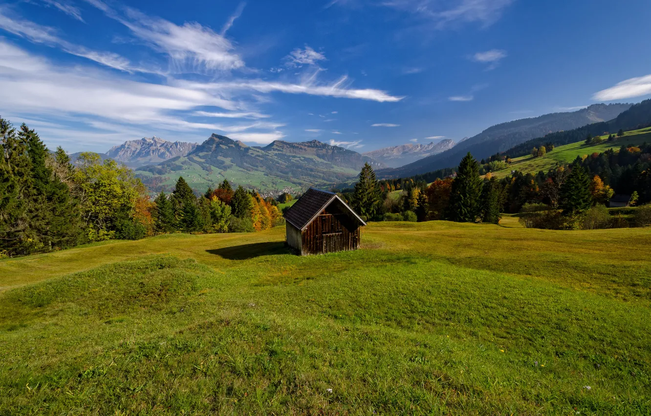 Photo wallpaper mountains, Switzerland, valley, Alps, meadow, hut, Switzerland, Alps