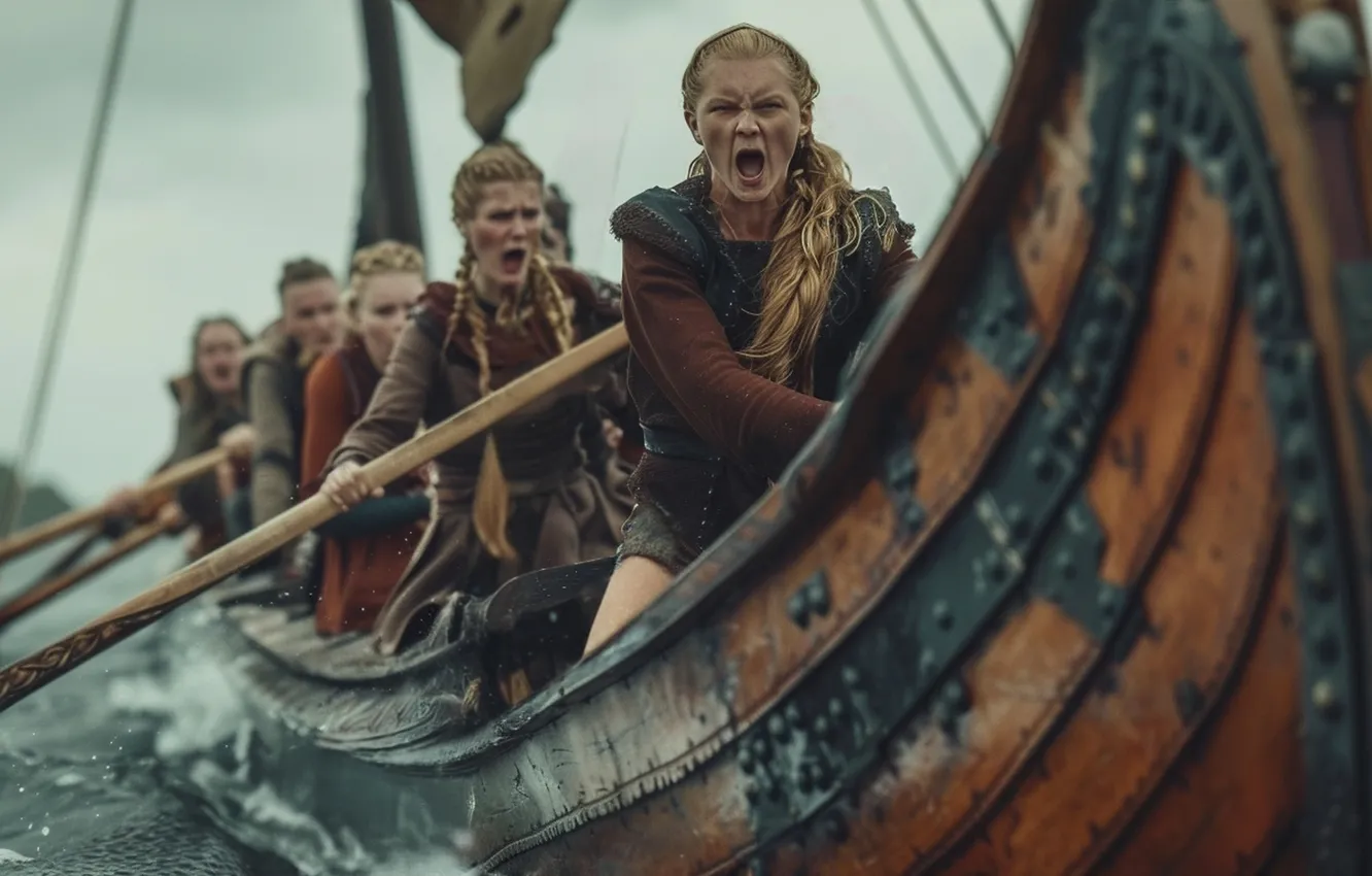 Photo wallpaper sea, girl, boat, warrior, Creek, paddle, digital art, The Vikings