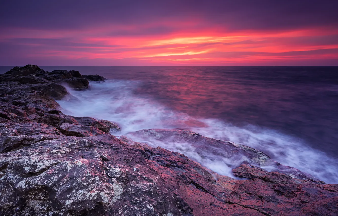 Photo wallpaper sea, beach, landscape, sunset, nature, sunrise, stones, rocks