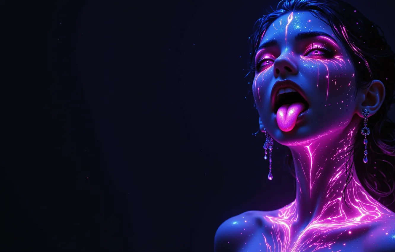 Photo wallpaper purple eyes, women, earring, open mouth, simple background, High Contrast, AI Art, Tongue Out