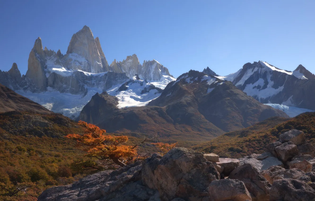 Photo wallpaper autumn, trees, mountains, stones, rocks, Andes, Patagonia