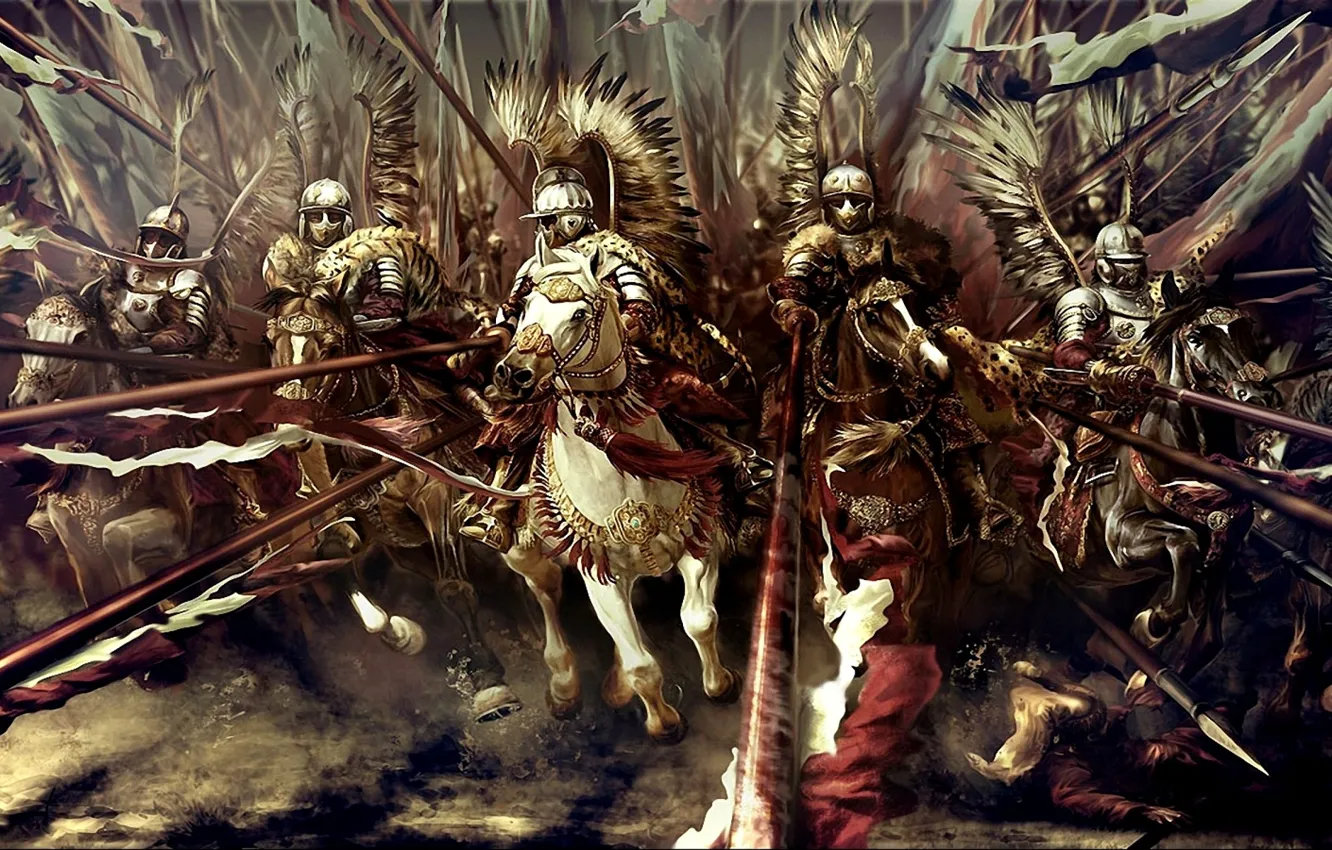 Photo wallpaper weapons, attack, horse, figure, wings, armor, art, cruise