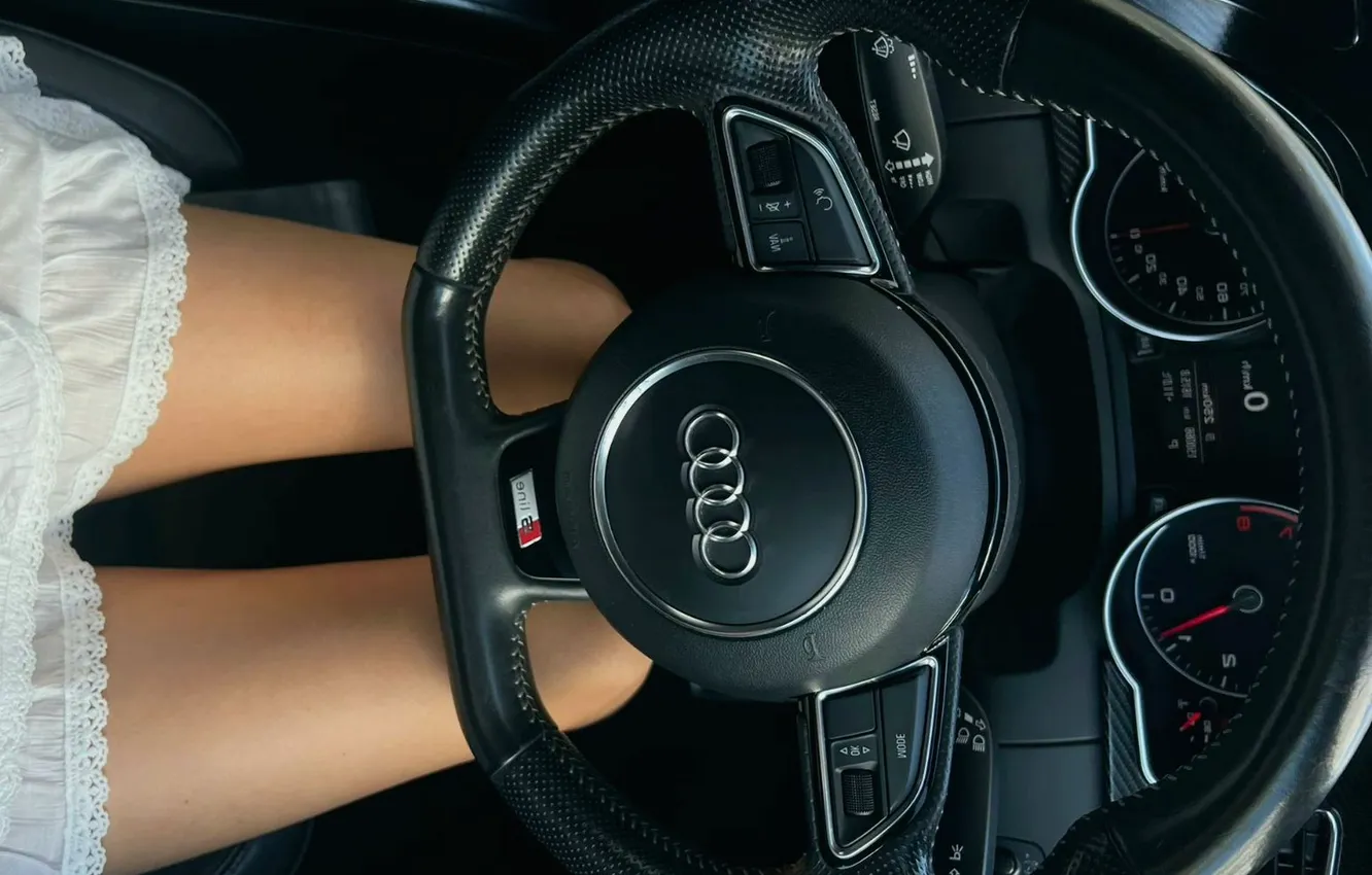 Photo wallpaper auto, girl, Audi, feet, the wheel, slender legs