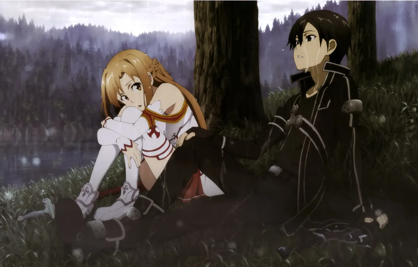 Photo wallpaper girl, nature, rain, anime, art, guy, two, yuuki asuna