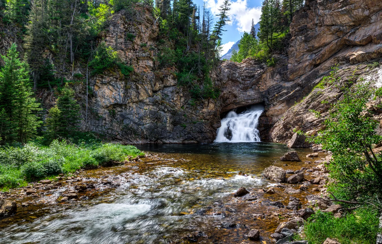 Photo wallpaper trees, mountains, river, rocks, waterfall