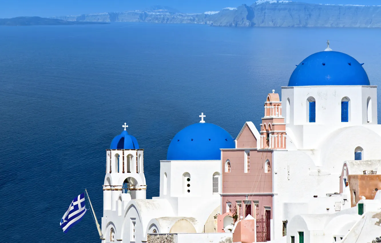 Photo wallpaper nature, the city, building, home, Santorini, Greece, flag, Church