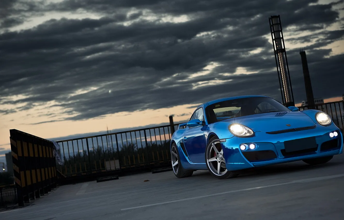 Photo wallpaper Porsche, Cayman, supercar, Blue, tuning, the front, Chrome