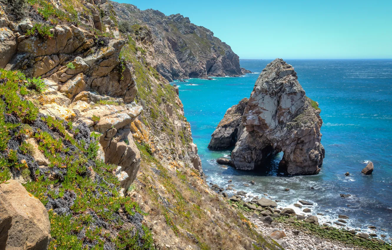 Photo wallpaper wave, shore, Portugal, The Atlantic ocean, rocks