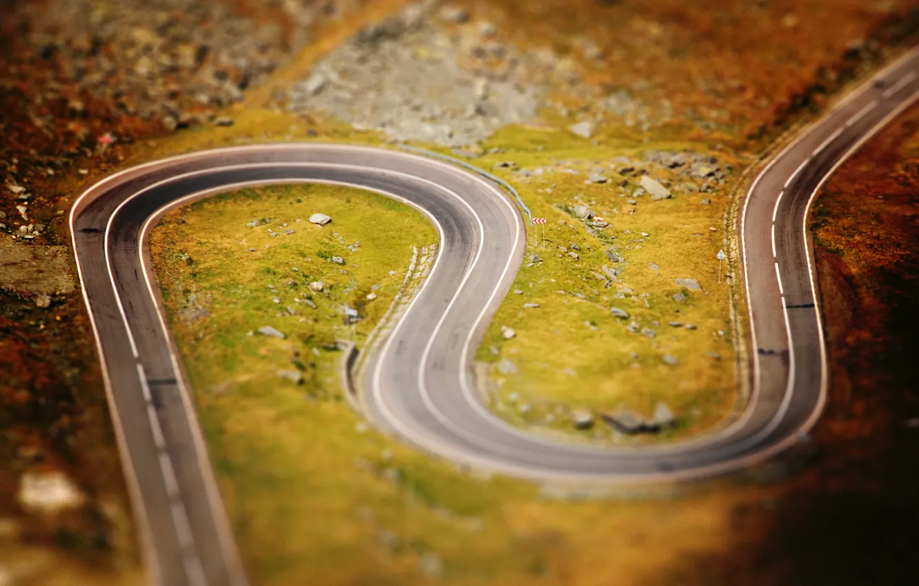 Photo wallpaper road, landscape, photo, focus, blur, tilt-shift, tilt-shift