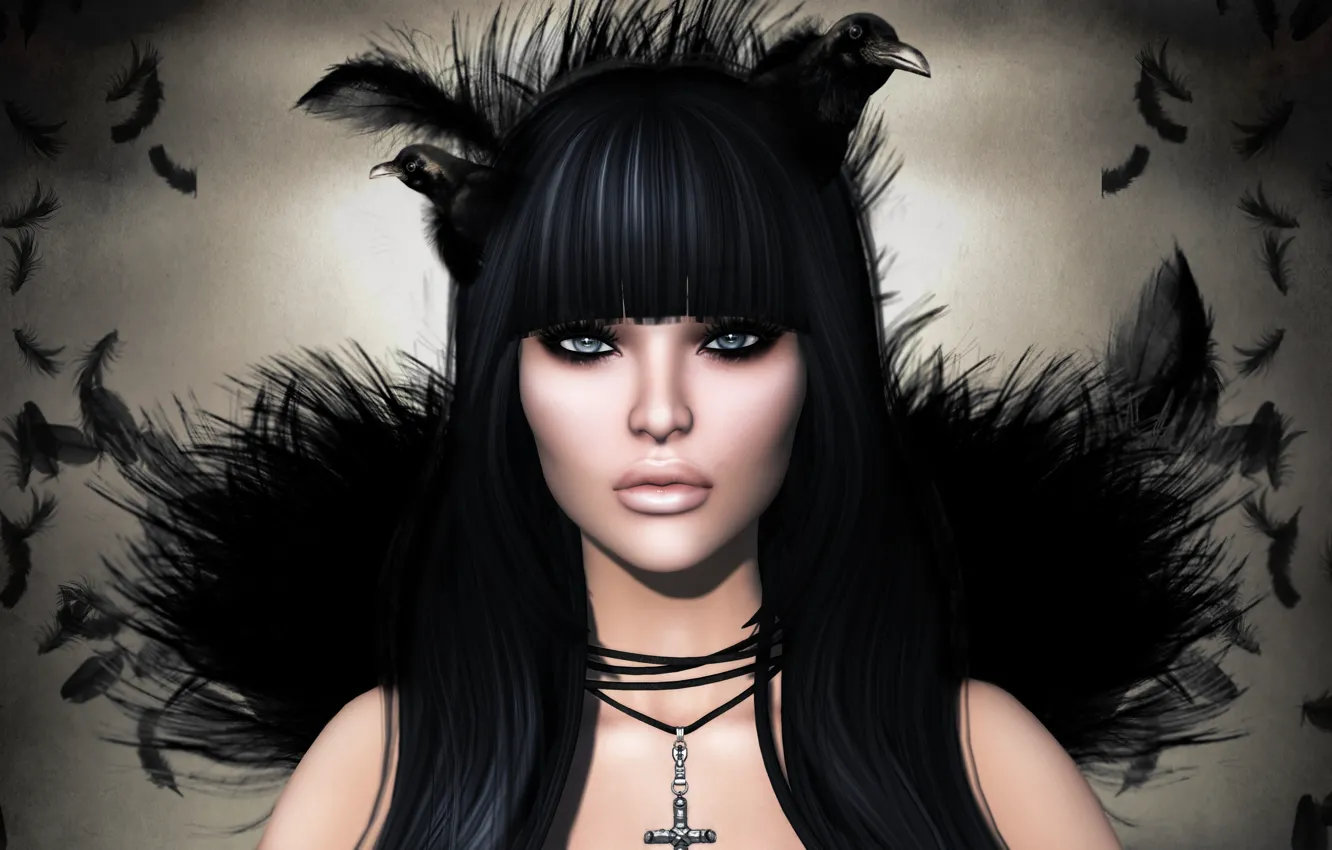 Photo wallpaper girl, face, feathers, mystic, brunette, Raven