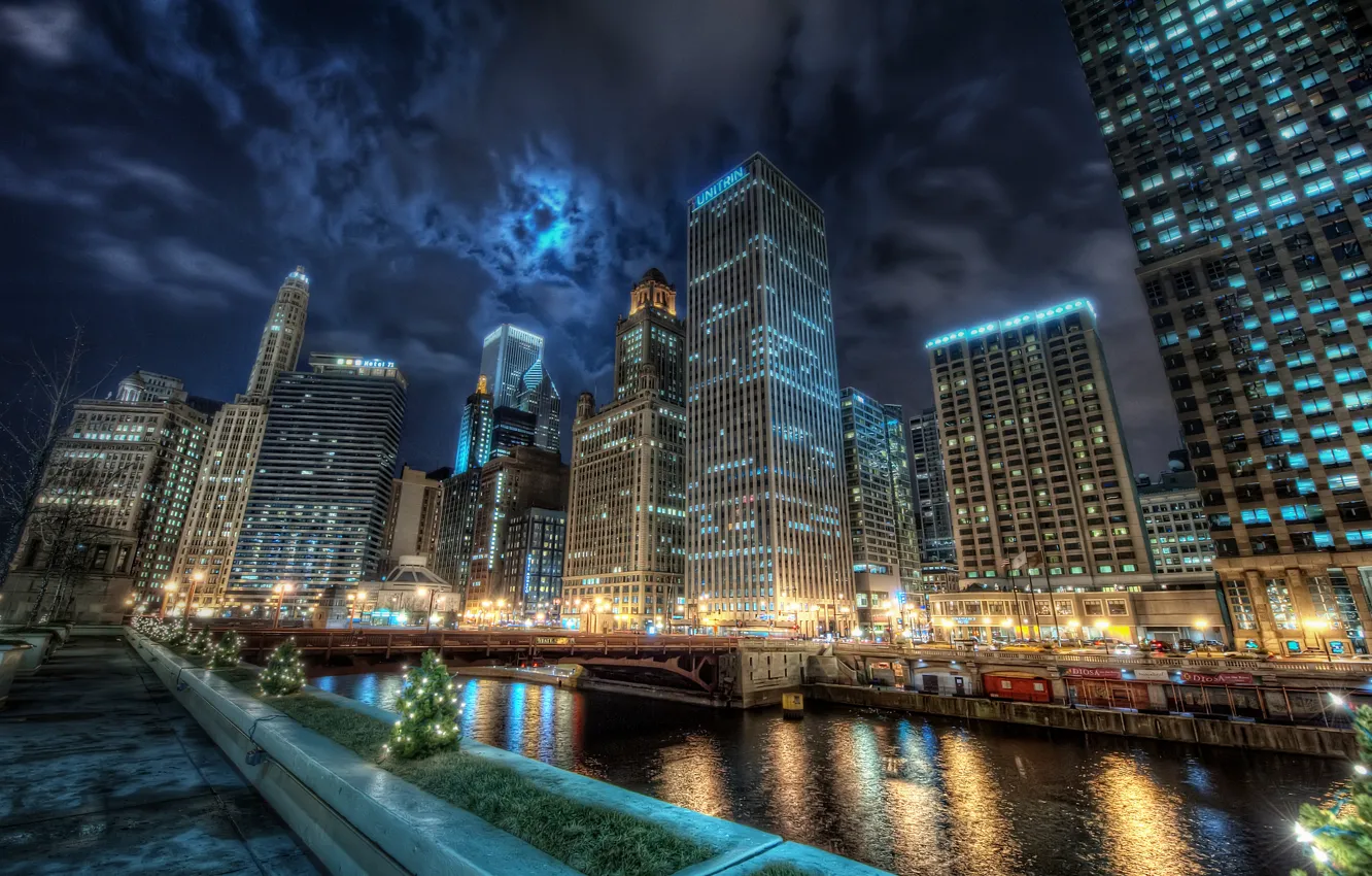 Photo wallpaper water, night, the city, lights, reflection, channel, America, Chicago