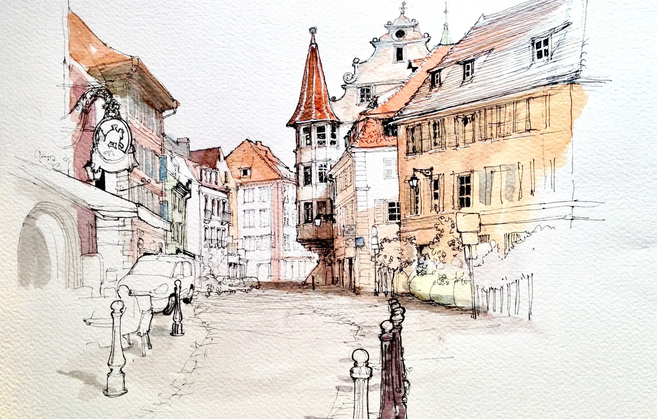 Photo wallpaper the city, figure, France, home, watercolor, Colmar