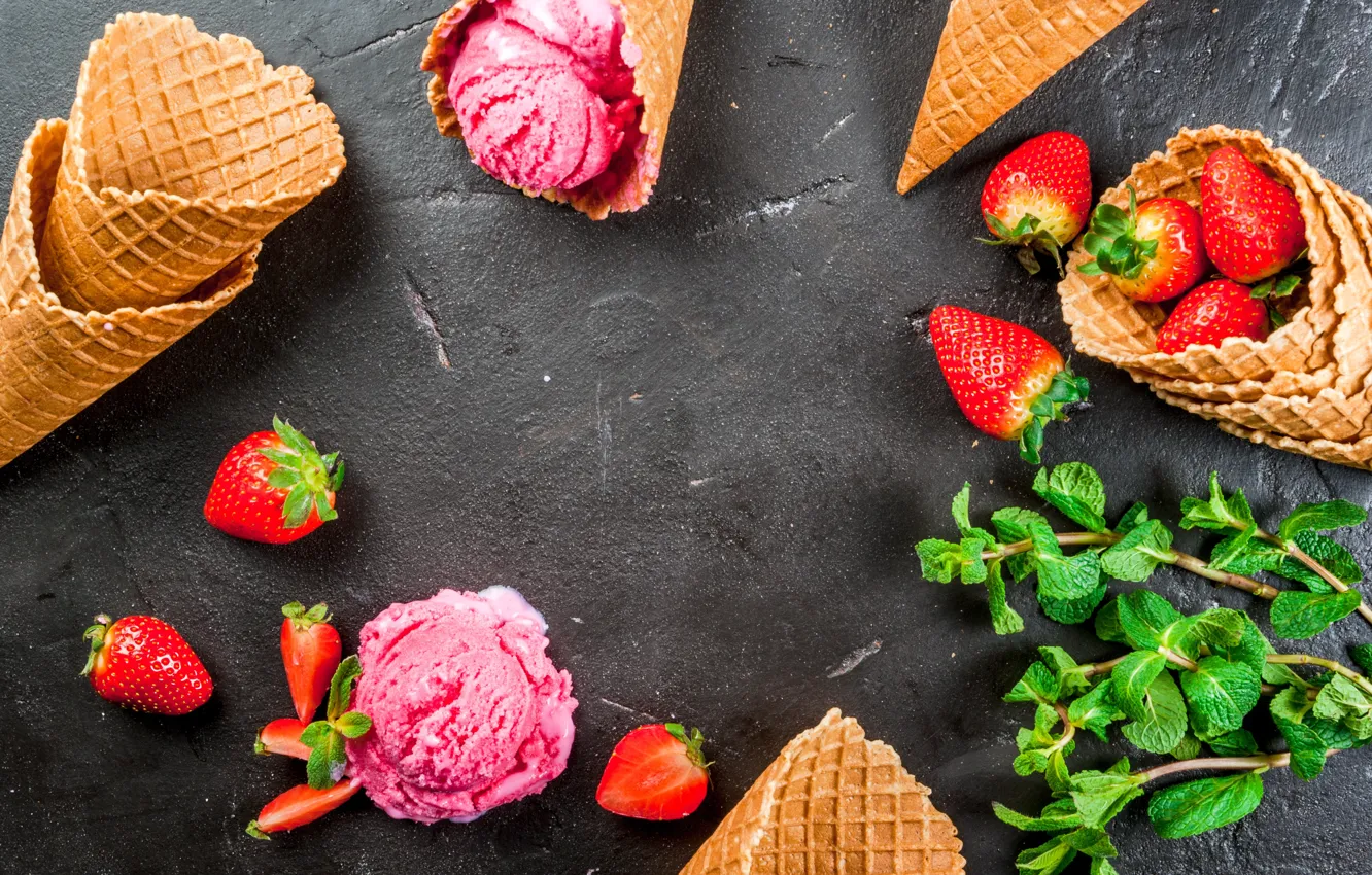 Photo wallpaper berries, strawberry, ice cream, horn, mint, dessert, wafer, strawberry
